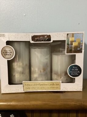 Apothecary Flameless LED candle  3-Piece Set Embedded Seashells & Starfish